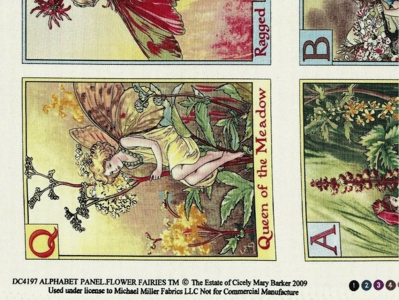 May include: A vintage illustration of a fairy sitting on a plant with the letter Q and the text "Queen of the Meadow". The illustration is part of a larger alphabet panel featuring flower fairies.