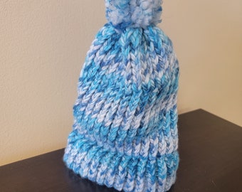 Toddler Blue Beanie, Christmas Gift, Toddler Beanie, Pom Pom Beanie, blue variegated beanie, Crochet Beanie, Crochet Hat, winter hat