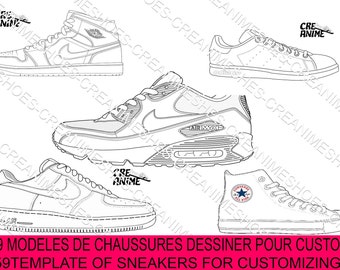 Modèle de croquis mode chaussures sneakers, modèle de conception de mode, impression de mode,mode Dawing, Teck Pack,custom, personnalisation