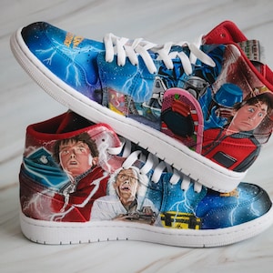 Air Jordan 1 Back to the Future - Hand Painted Sneakers, 80s-90s Custom Shoes, Unique Movie Fan Gift