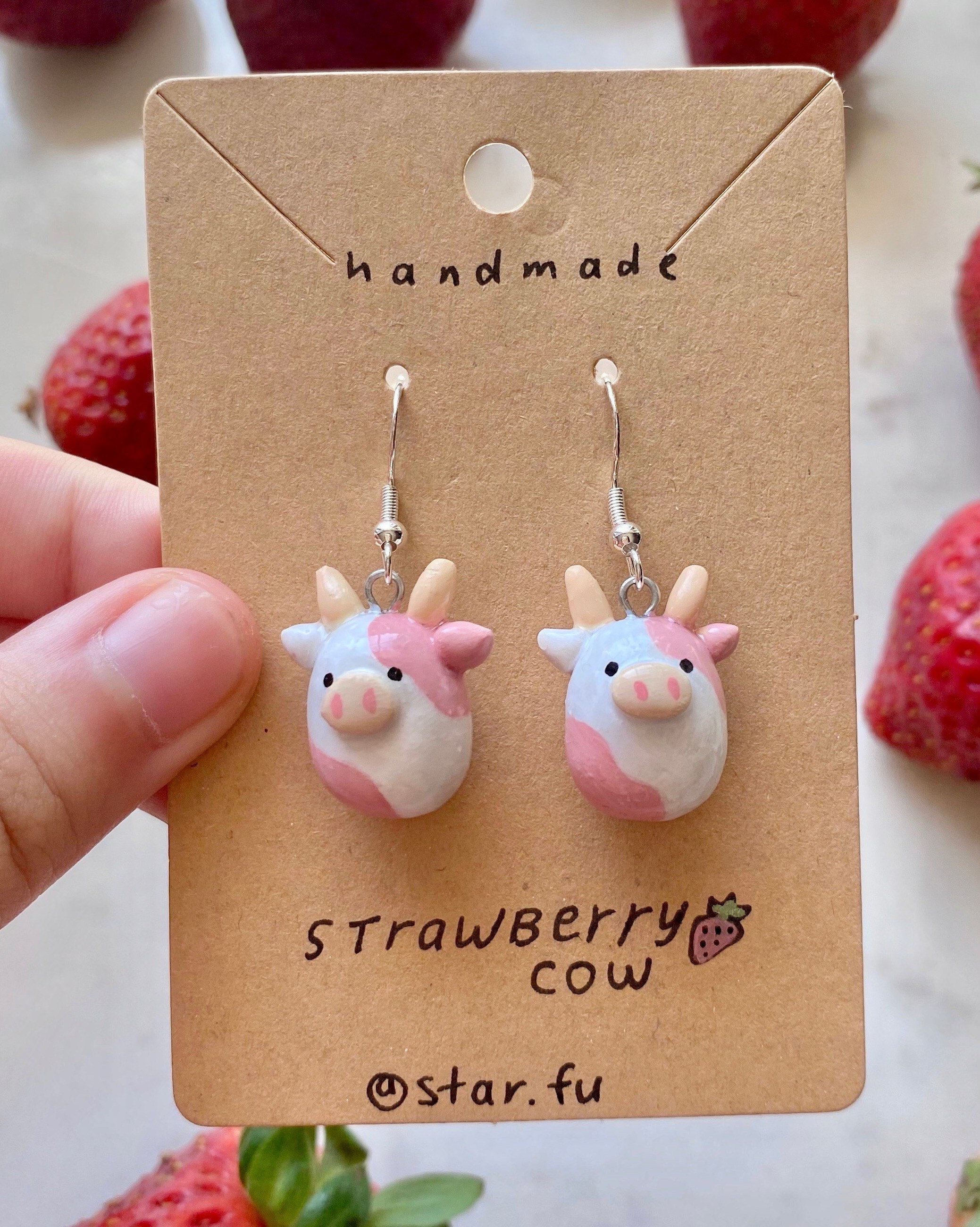 Strawberry Cow Clay Earrings Handmade Handpainted Cute Etsy