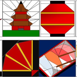 Puede incluir: Un conjunto de nueve patrones de artesanía de papel origami con temas japoneses, que incluyen una grúa origami roja, una pagoda, una linterna roja, una muñeca japonesa, una puerta torii, un abanico, una linterna de papel y un kimono.