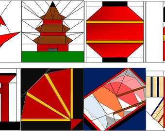 Asian Japanese paper pieced quilt block set of 8 PDF patterns