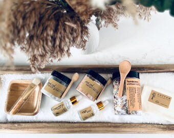 Sales de baño de flores silvestres, mascarillas faciales de arcilla e hidrosol de rosa y romero / Regalo vegano para mimarse