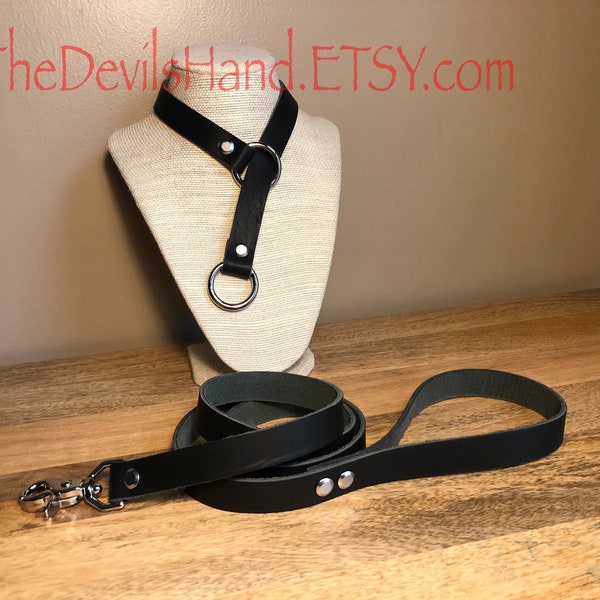 Leather Choke Collar With Matching Leash In Black Essex Super Soft Horween Leather -Pretty, Functional, Durable (BKE-BE)