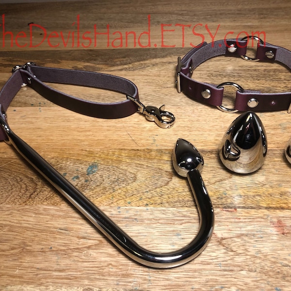 Anal Hook, Leather Collar and Rig Made of Plum Purple Cavalier Brand Leather- Three Interchangeable Hook Ends (CPP-BE)