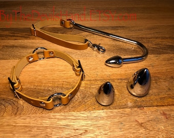 Anal Hook, Leather Collar and Rig Made of Cavalier Sunflower Gold Leather- Three Interchangeable Hook Ends (CSG-BE)