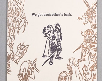 We got each other's back (#LN-BACK) - a d20 letterpress greeting card - geek / nerd / romance / valentine / anniversary