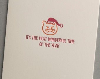 Cat themed Christmas Card (HR-WOCR) - Letterpress greeting card - Holiday / Xmas