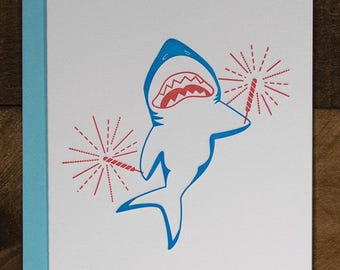 Shark & Sparklers (#BD-SLRB) letterpress greeting Card for Birthday and other celebrations, blank inside