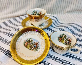 Vintage Sabin Crest O Gold 22k Gold Tea Cups and Saucers