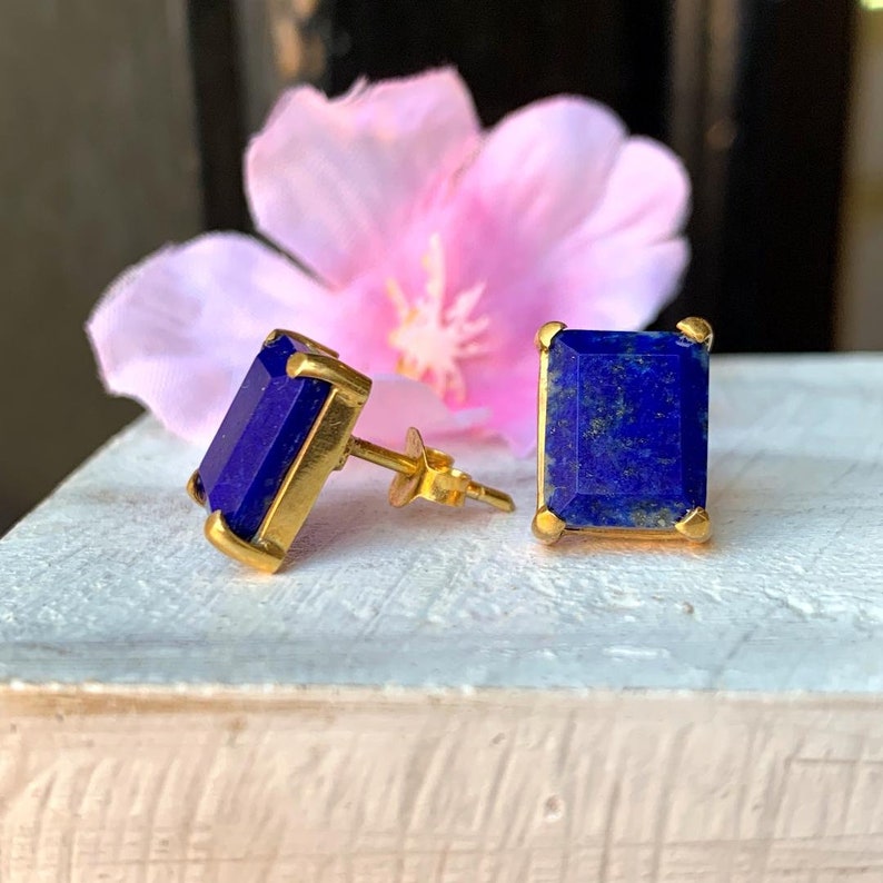 Sterling vermeil emerald cut lapis lazuli stone stud earrings