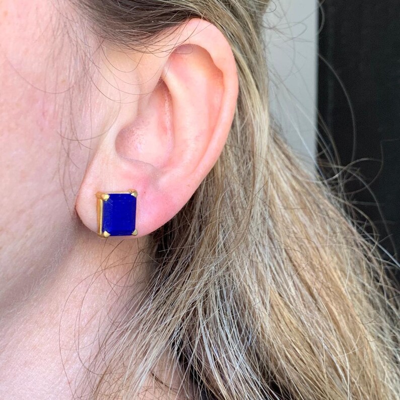 Sterling vermeil emerald cut lapis lazuli stone stud earrings