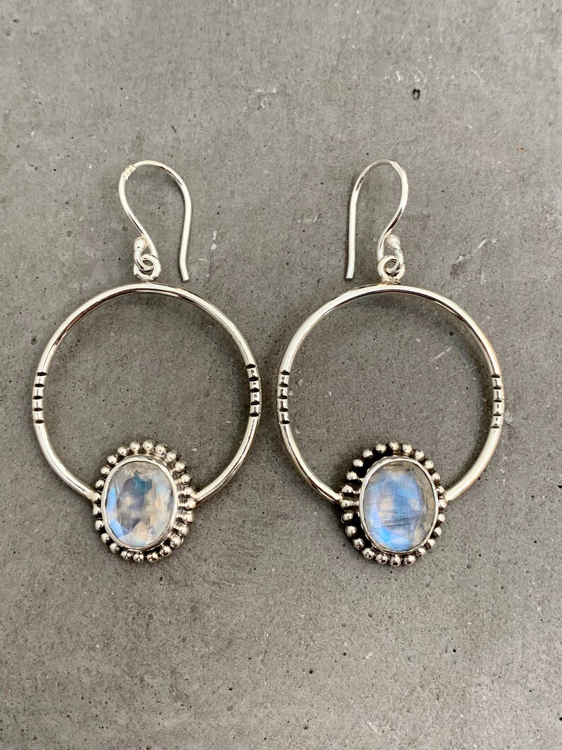 Sterling silver oval moonstone hoop earrings image 2