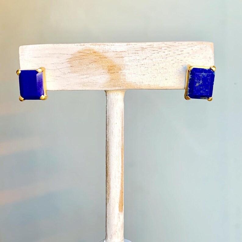 Sterling vermeil emerald cut lapis lazuli stone stud earrings