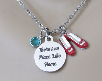 There's No Place Like Home Necklace, Red Ruby Slippers Charm & Birthstone, Wizard of Oz Jewelry, Dorothy Necklace, Gift for Daughter