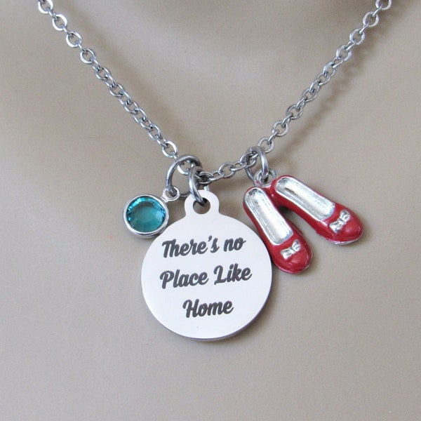 There's No Place Like Home Necklace, Red Ruby Slippers Charm & Birthstone, Wizard of Oz Jewelry, Dorothy Necklace, Gift for Daughter