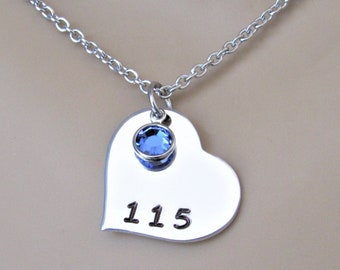 Police Wife, Police Mom, Police Daughter Hand Stamped Heart Necklace with Blue Crystal Bead, Police Badge Number, Police Necklace