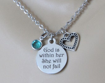 God Is Within Her She Will Not Fail Necklace with Heart Charm and Birthstone, Motivational Necklace, Strength Jewelry, Inspirational