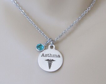 Asthma Necklace with Birthstone, Asthma Medical Alert Jewelry, Gift for Daughter, Asthma Medical Necklace, Medical Alert Necklace