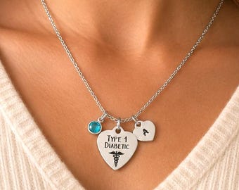 Type 1 Diabetes Awareness Necklace, Initial Heart, Birthstone, Medical Alert