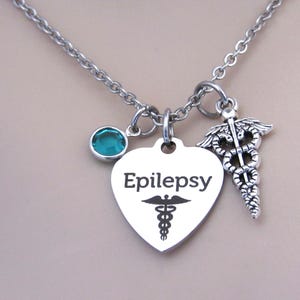 Medical Alert Epilepsy Heart Necklace W/ Caduceus Charm and Birthstone, Epilepsy Medical Awareness, Epilepsy Necklace