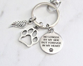 No Longer By My Side But Forever In My Heart Stainless Steel Keychain With Silver Angel Wing & Paw Print Charm, Pet Loss, Dog Loss, Memorial