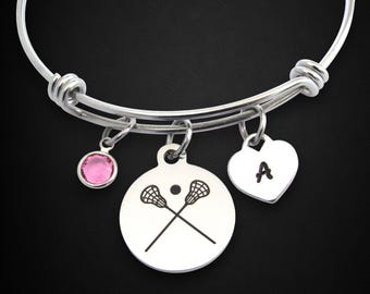 Lacrosse Charm Bracelet, Lacrosse Jewelry, Personalized Initial and Birthstone