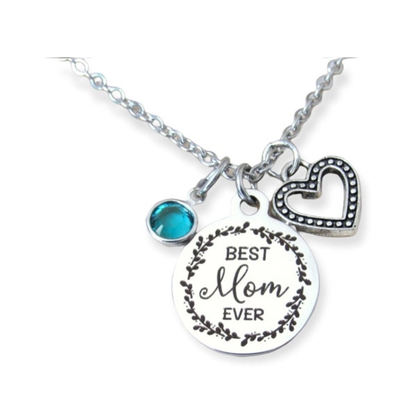 Best Mom Ever Necklace With Heart Charm & Birthstone, Gift for Mom, Mother's Day, Mom Birthday, Jewelry for Mom
