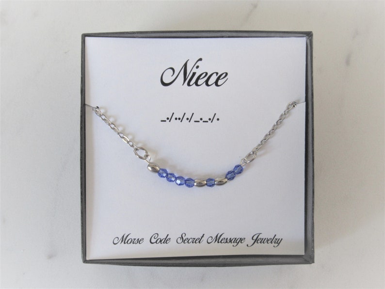 Niece Morse Code Stainless Steel and Crystal Birthstone Delicate Necklace, Secret Message Jewelry, Birthday Necklace Niece image 4