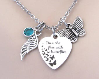 Now She Flies with Butterflies Necklace: Birthstone, Butterfly, Angel Wing Memorial Jewelry