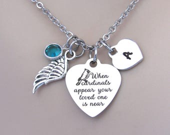Cardinal Memorial Necklace, Birthstone, Personalized Initial, When Cardinals Appear Your Loved One Is Near