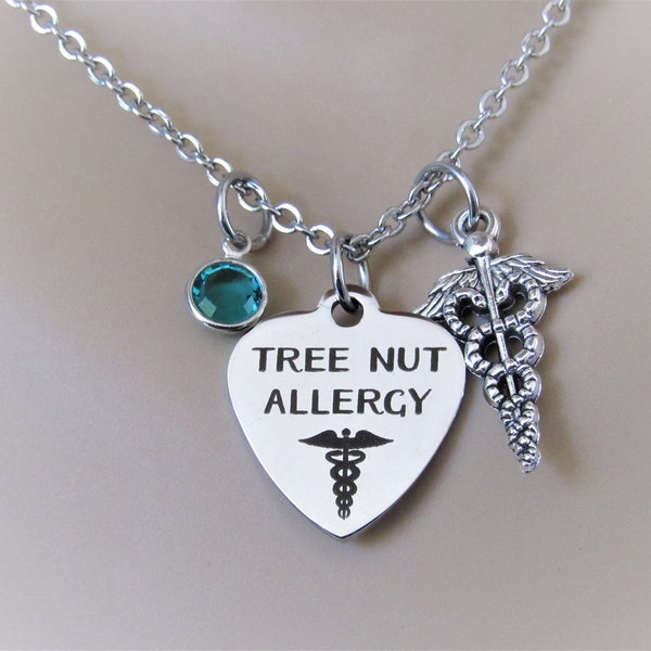 Medical Alert Tree Nut Allergy Heart Necklace W/ Caduceus Charm and Birthstone, Tree Nut Allergy Medical Awareness Necklace