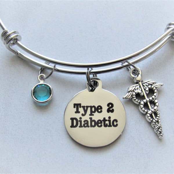 Medical Alert Type 2 Diabetic Bracelet With Caduceus Charm and Birthstone, Type 2 Diabetes Awareness, Medical Jewelry, Diabetes Bracelet