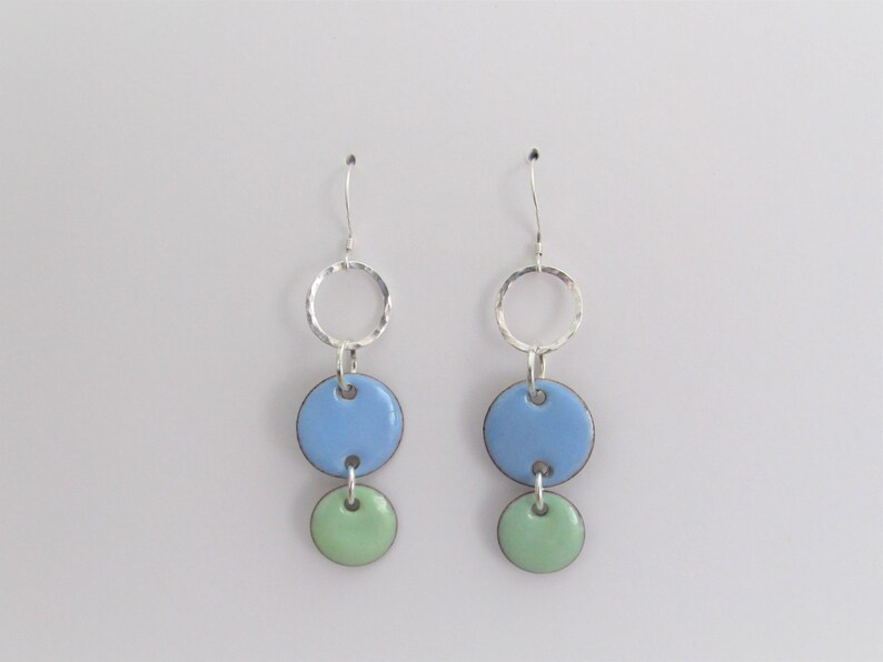Sky Blue and Mint Green Circle Geometric Enamel Hammered Sterling Silver Circle Earrings