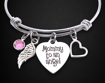 Mommy to an Angel Bangle Bracelet, Memorial Jewelry with Birthstone