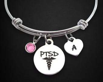 Personalized PTSD Medical Alert Bracelet, Initial & Birthstone Charm