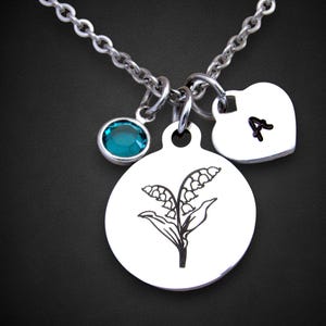 Lily of the Valley Flower Necklace w/ Initial & Birthstone, May Birth Flower Jewelry, Birthday Gift Mother Wife Friend, Birth Flower Jewelry