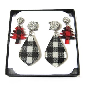 Buffalo Plaid Dangle Earrings and Buffalo Plaid Tree Earrings - Two Pairs - Black & White - Red and Black Studs Christmas Tree Party Jewelry