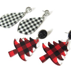 Buffalo Plaid Tree Earrings -Buffalo Plaid Diamond Earrings - Two Pairs - Black & White Plaid- Christmas Tree Holiday Party Jewelry