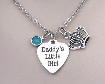Daddy's Little Girl Heart Necklace with Princess Crown and Birthstone, Daughter Birthday Jewelry