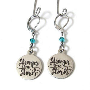 Stronger than the Storm Earrings with Birthstone, Motivational Jewelry, Gift for Daughter, Gift for Wife, Encouragement, Support