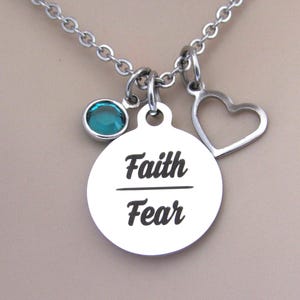 Faith over Fear Necklace with Heart Charm & Birthstone, Faith Cross Christian Inspirational Jewelry, Birthday Gift for Daughter Friend