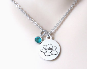 Magnolia Flower Necklace with Birthstone Bead, Magnolia Necklace, Magnolia Jewelry, Mother Daughter Sister Friend Gift