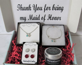 Maid of Honor Gift Box, Maid of Honor Personalized Initial Heart Necklace Set, Maid of Honor Bridal Jewelry, Gift for Maid of Honor