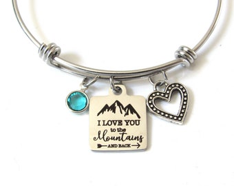 I Love You to The Mountains and Back Bracelet with Birthstone, Gift for Mom, Mountain Jewelry for Mom, Love Mountains, Birthday Gift Wife