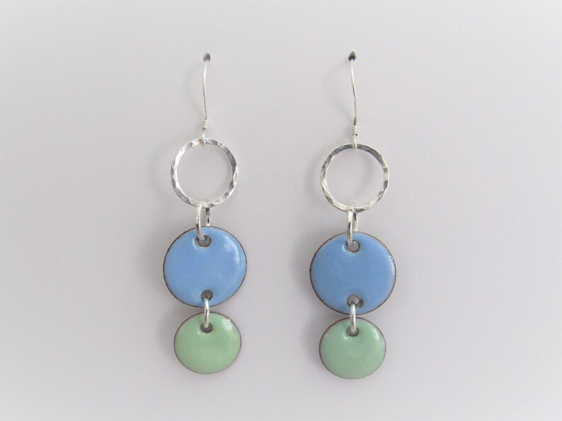 Sky Blue and Mint Green Circle Geometric Enamel Hammered Sterling Silver Circle Earrings