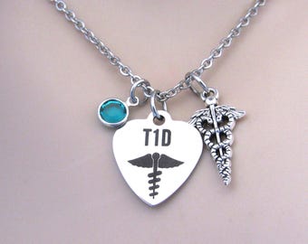 Type 1 Diabetes Medical Alert Heart Necklace, Caduceus, Birthstone, Diabetic