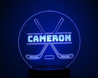 Personalized Hockey Night Light, Laser Engraved Acrylic, Kids Room Decor