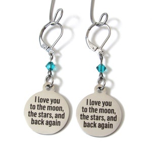 I Love You to the Moon, the Stars and Back Again Earrings with Birthstone, Daughter Jewelry, Birthday Gift Daughter, Moon Stars Back Again